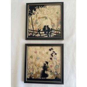 2 Vintage Reverse Silhouette Hand Paintings Mary Fisher Milkweed Artwork Stamped